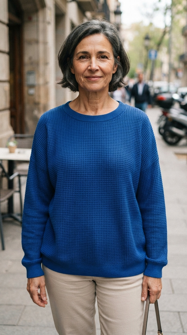 Gloria | Jersey Gofrado de Cuello Redondo - Azul