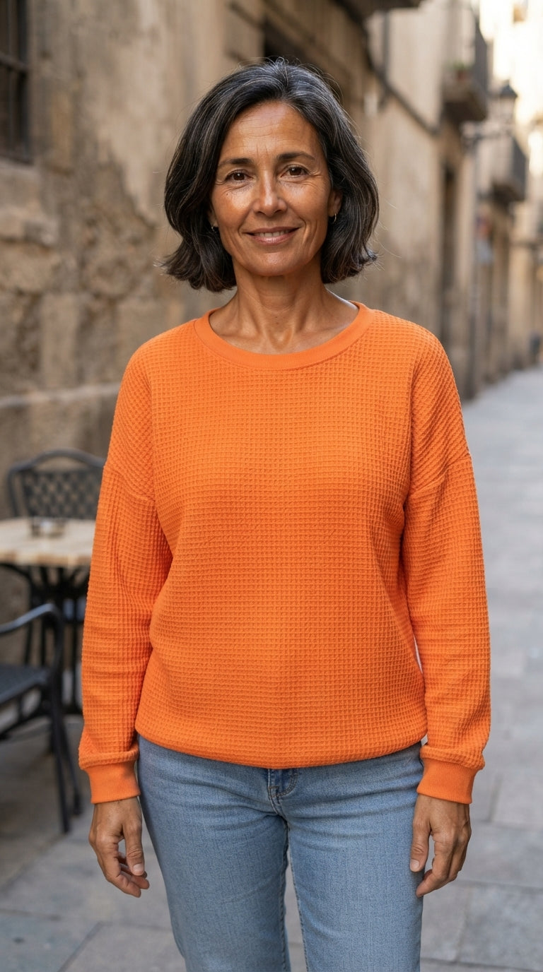 Gloria | Jersey Gofrado de Cuello Redondo - Naranja