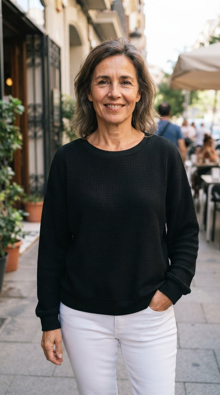Gloria | Jersey Gofrado de Cuello Redondo - Negro