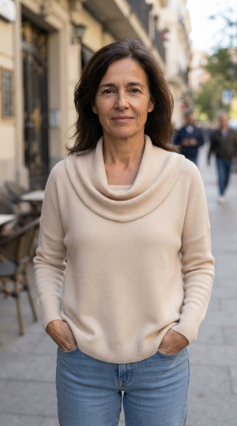 Inés | Jersey Fluido de Cuello Drapeado - Beige