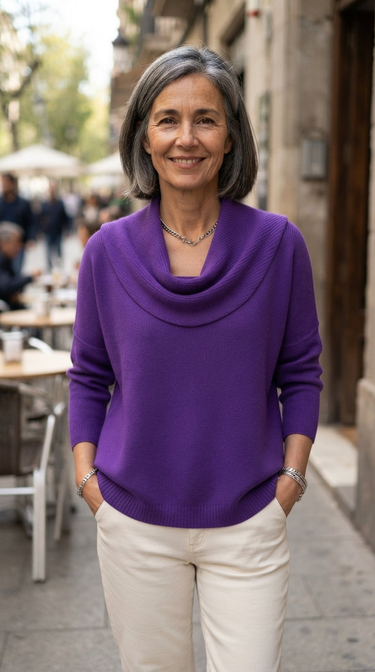 Inés | Jersey Fluido de Cuello Drapeado - Morado