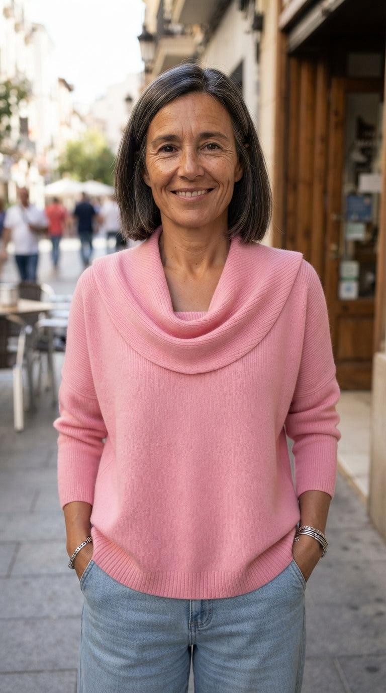 Inés | Jersey Fluido de Cuello Drapeado - Rosa