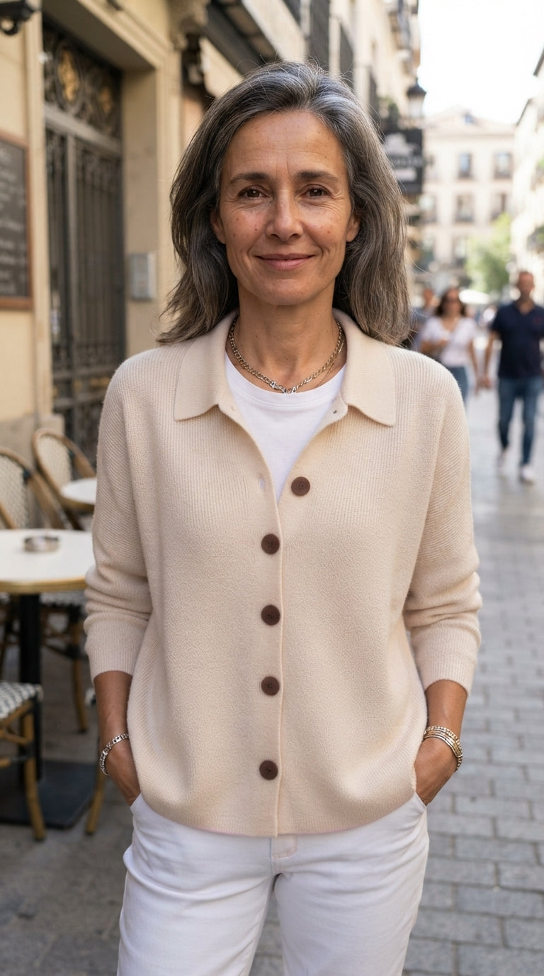 Irene | Chaqueta de Punto Lisa con Cuello y Botones - Albaricoque