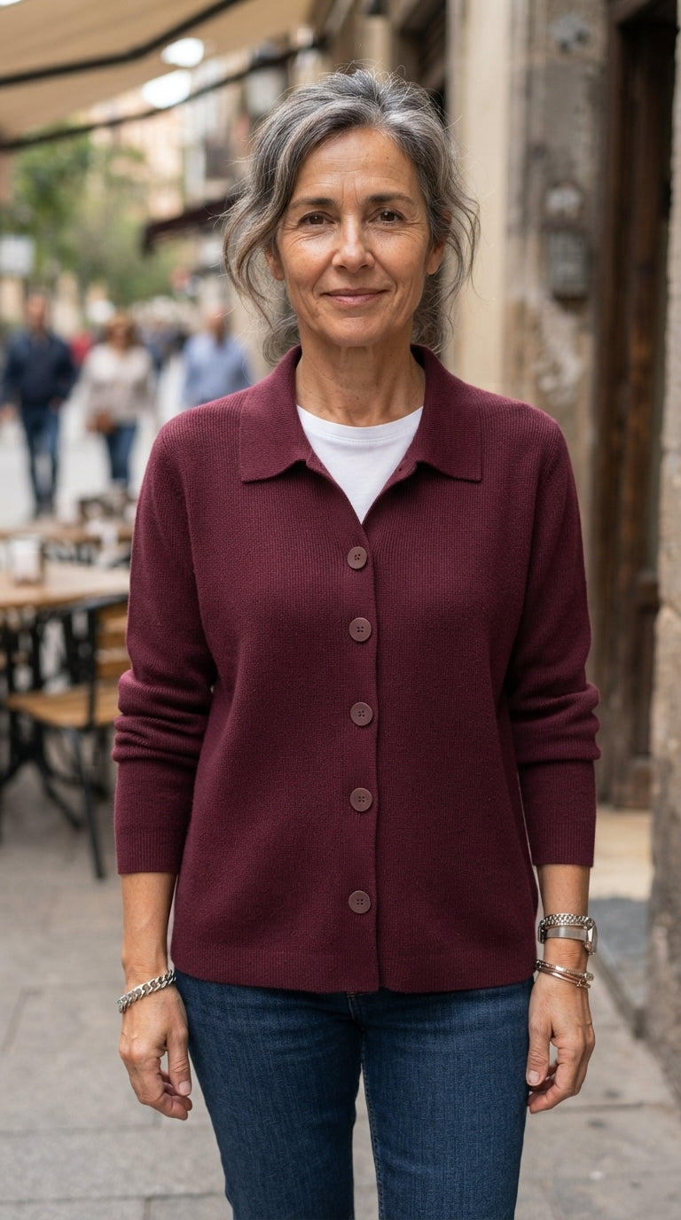 Irene | Chaqueta de Punto Lisa con Cuello y Botones - Burdeos