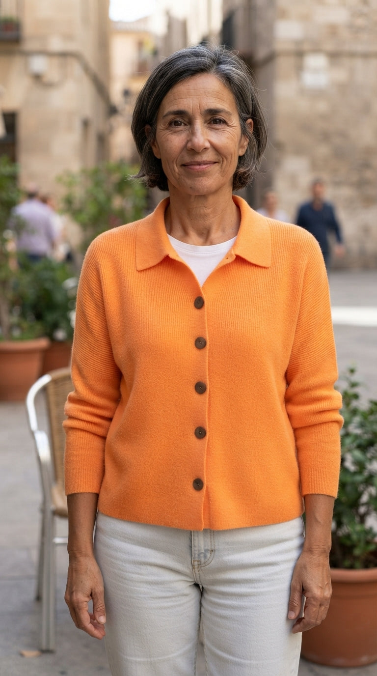 Irene | Chaqueta de Punto Lisa con Cuello y Botones - Naranja
