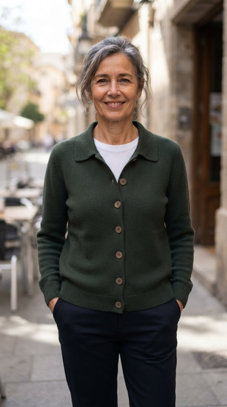 Irene | Chaqueta de Punto Lisa con Cuello y Botones - Verde