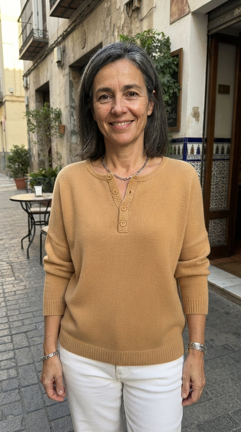 Julieta | Jersey Henley de Punto con Botones - Camel