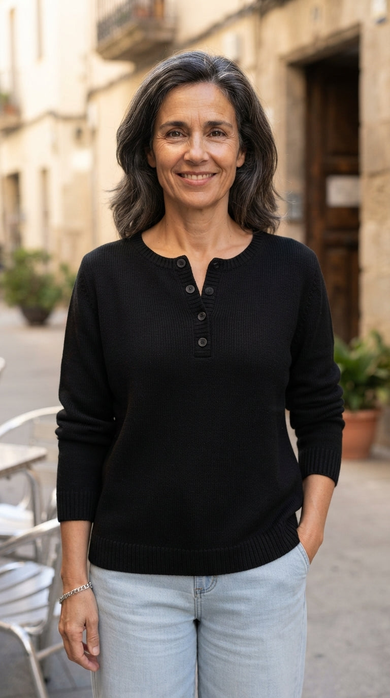 Julieta | Jersey Henley de Punto con Botones - Negro