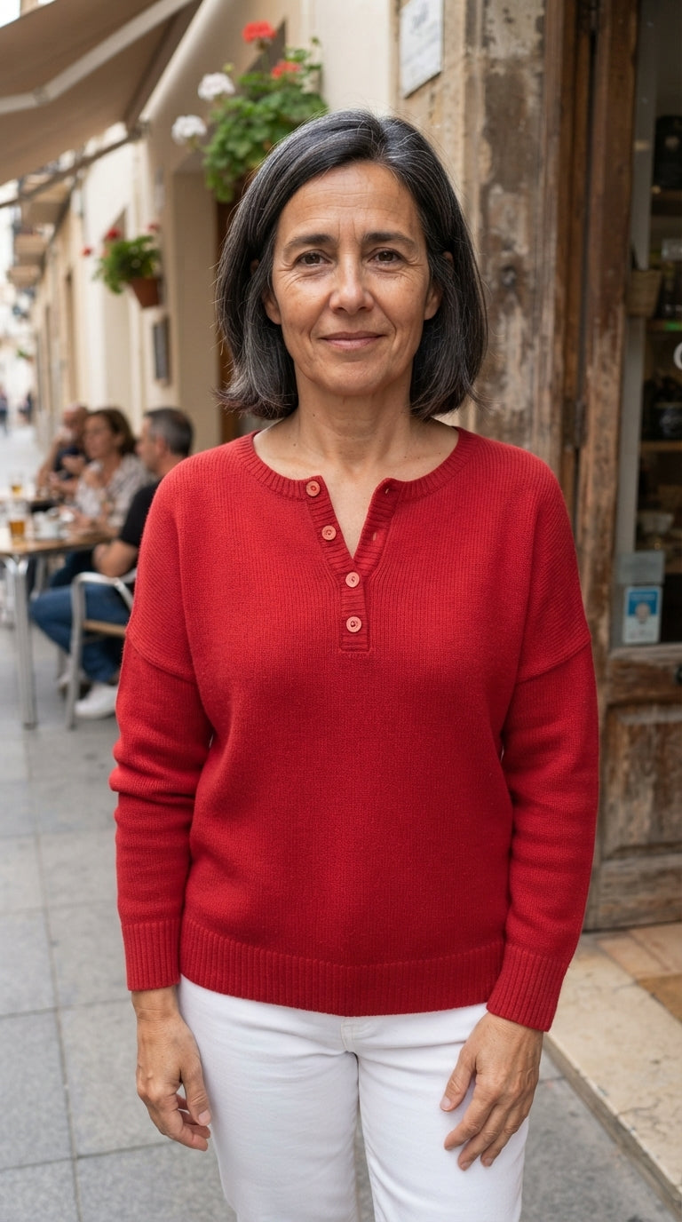 Julieta | Jersey Henley de Punto con Botones - Rojo intenso