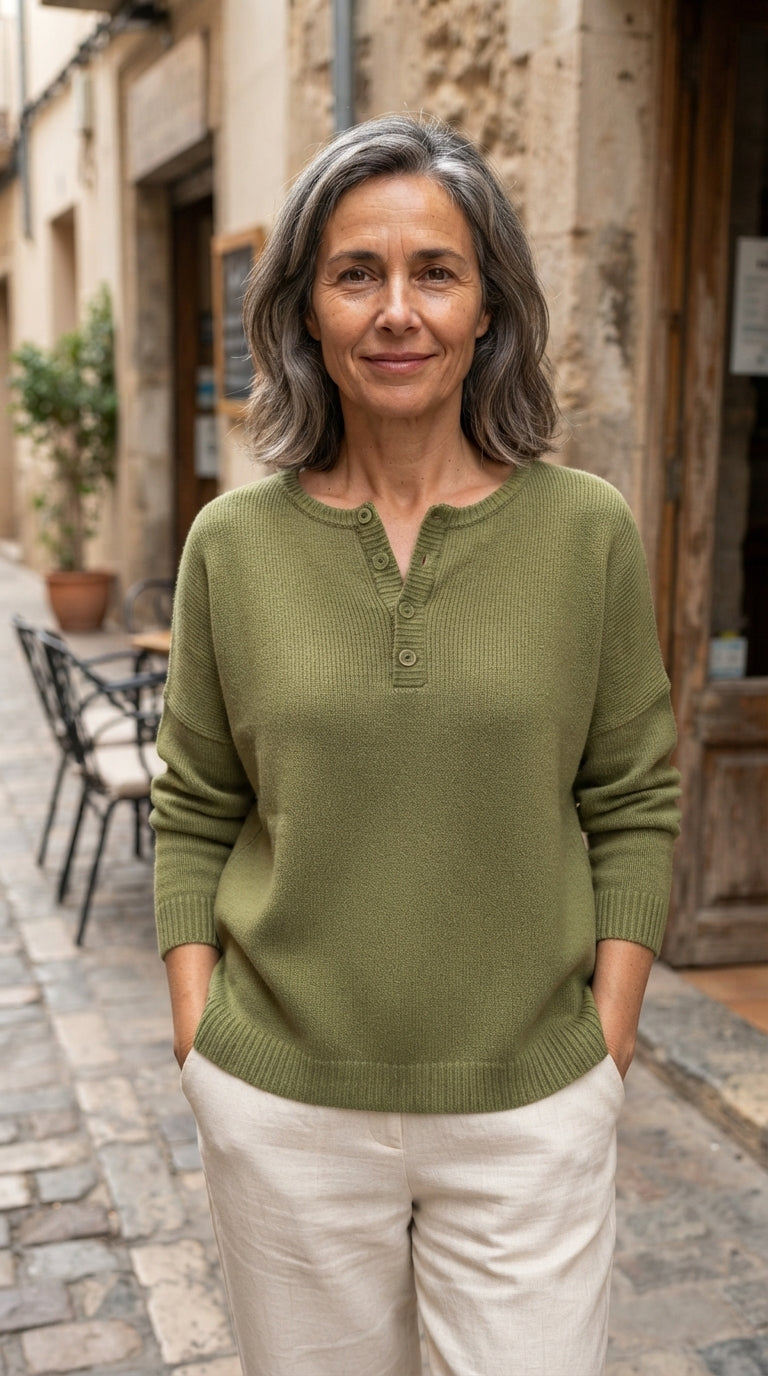Julieta | Jersey Henley de Punto con Botones - Verde oliva