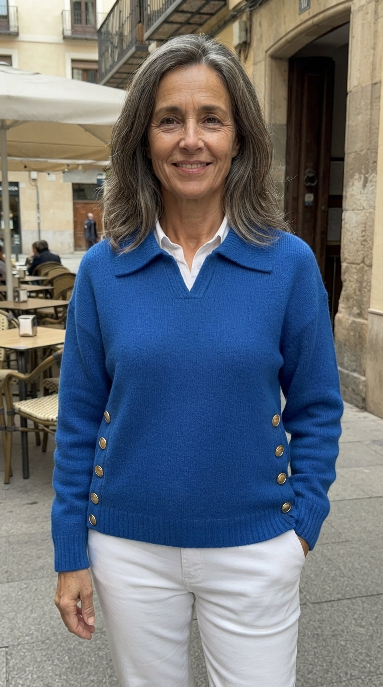 Lorena | Jersey de Cuello Polo con Botones Dorados - Azul
