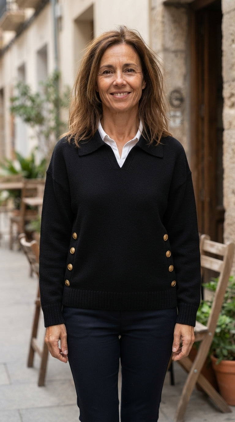 Lorena | Jersey de Cuello Polo con Botones Dorados - Negro