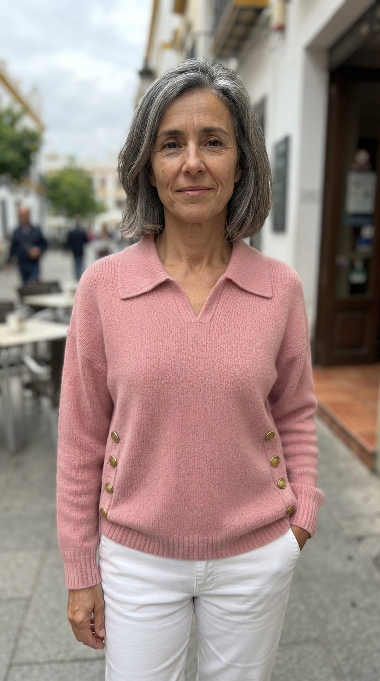 Lorena | Jersey de Cuello Polo con Botones Dorados - Rosa
