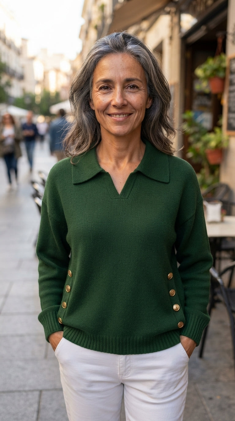 Lorena | Jersey de Cuello Polo con Botones Dorados - Verde