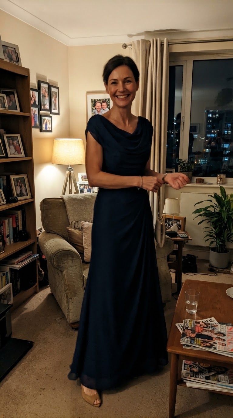 Clienta con el vestido Maëlle largo azul marino