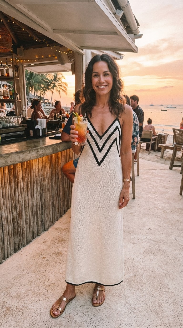 Clienta con el vestido Marisa chevron junto al mar
