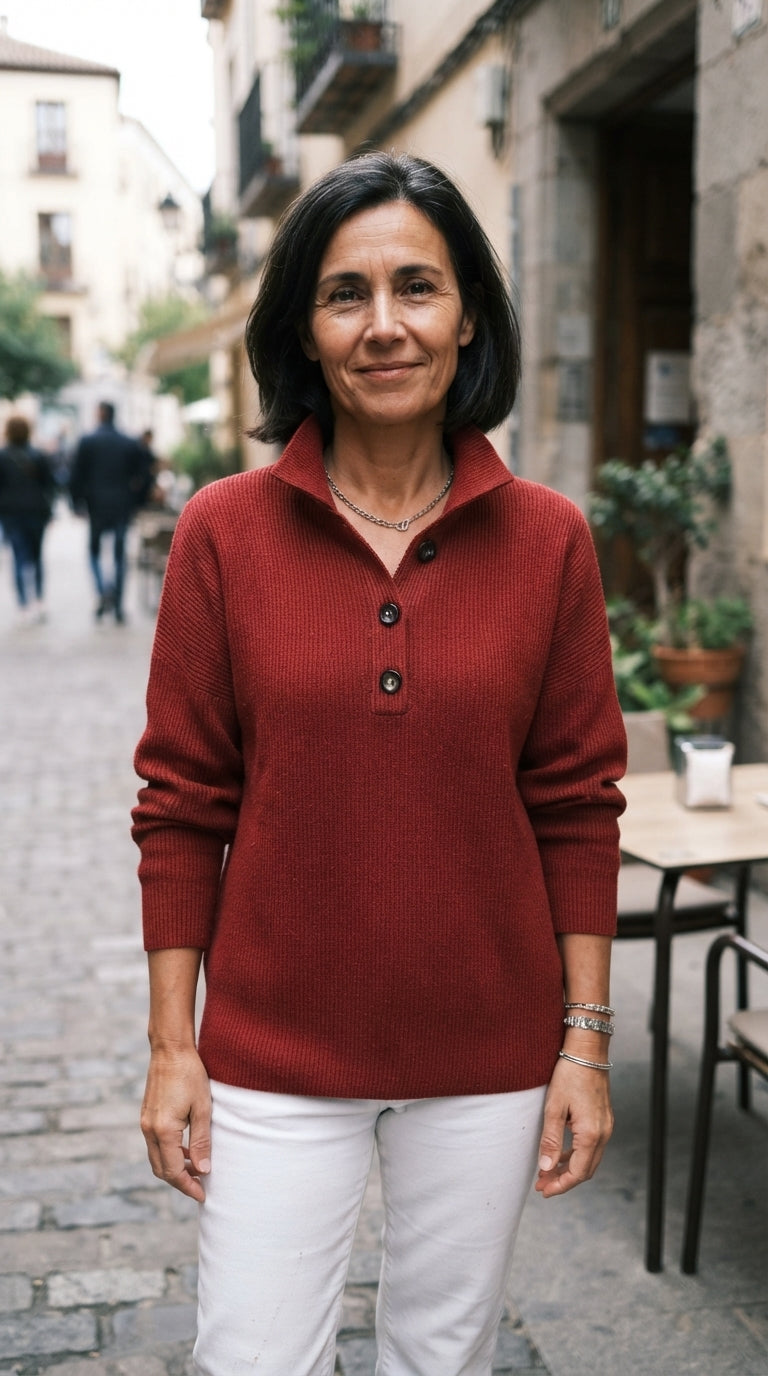 Marta | Jersey de Cuello Polo con Tapeta - Burdeos