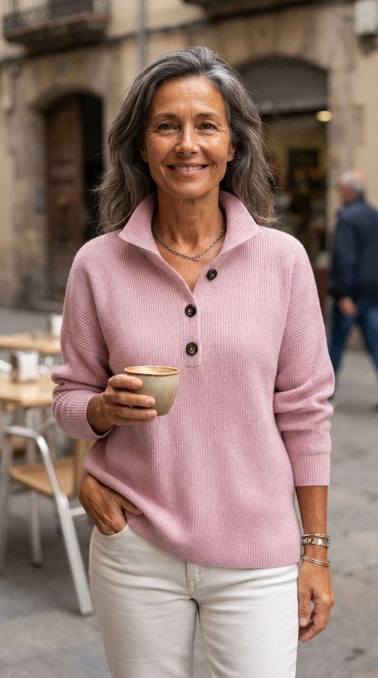 Marta | Jersey de Cuello Polo con Tapeta - Rosa empolvado