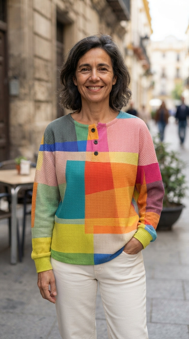 Nerea | Jersey Henley Gofrado de Bloques Geométricos - Multicolor