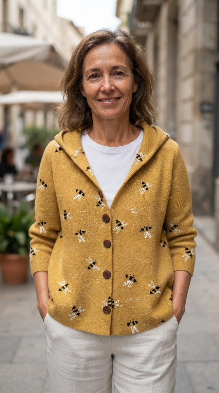 Noelia | Chaqueta de Punto Estampada con Capucha - Amarillo
