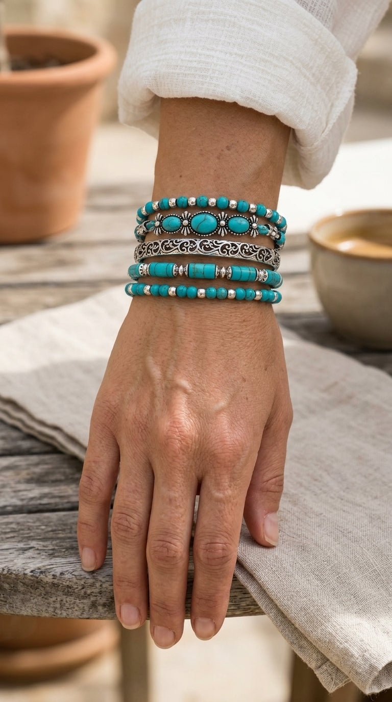 Conjunto de pulseras boho con perlas turquesa