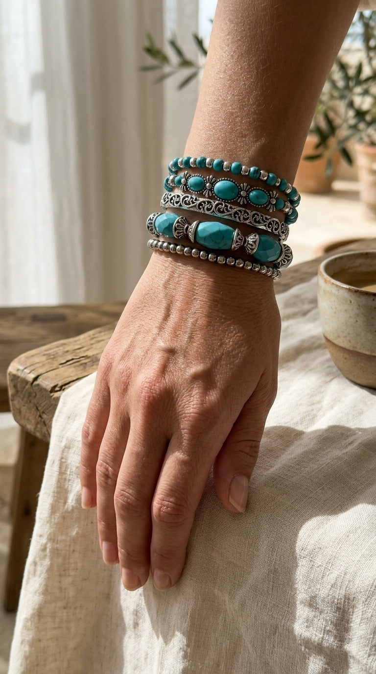 Conjunto de pulseras boho con perlas turquesa