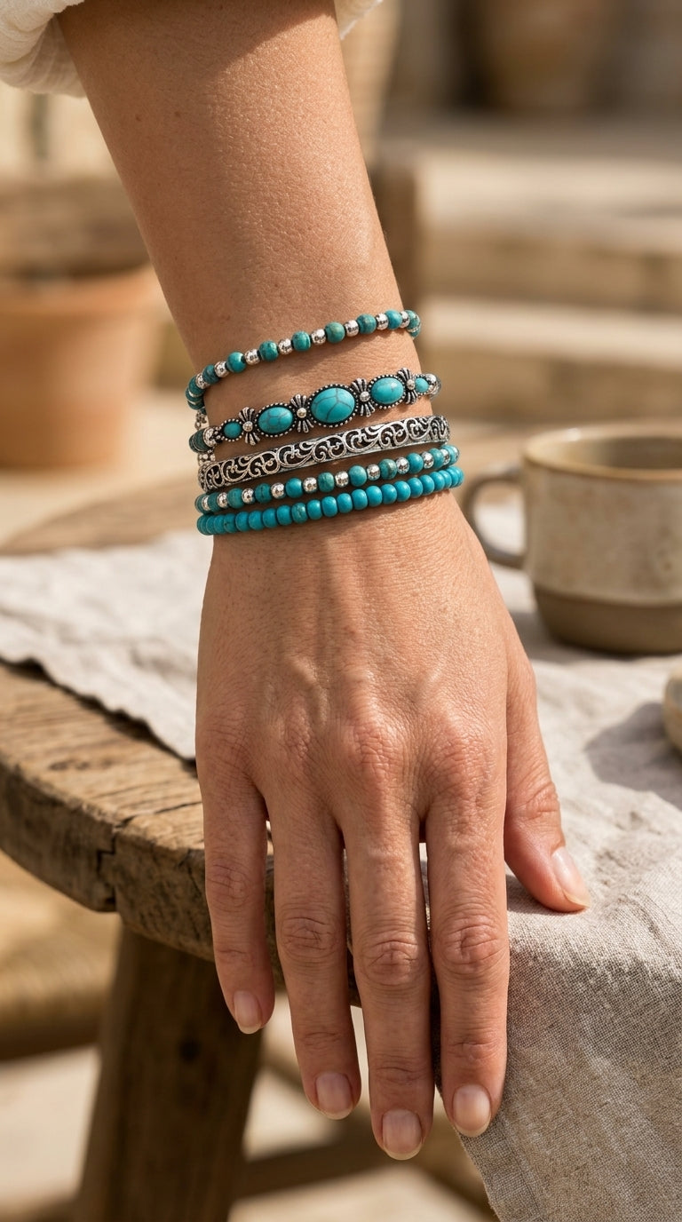 Conjunto de pulseras boho con perlas turquesa