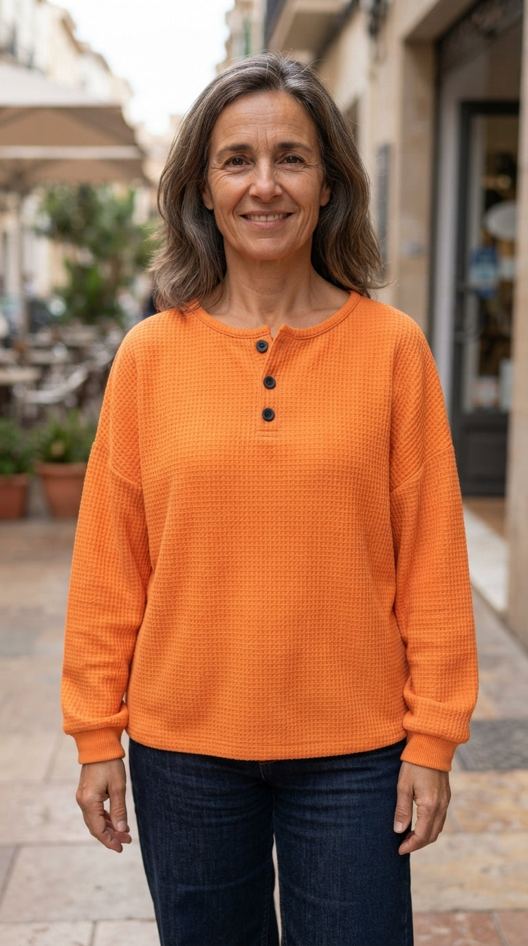 Sara | Sudadera Henley Gofrada - Naranja