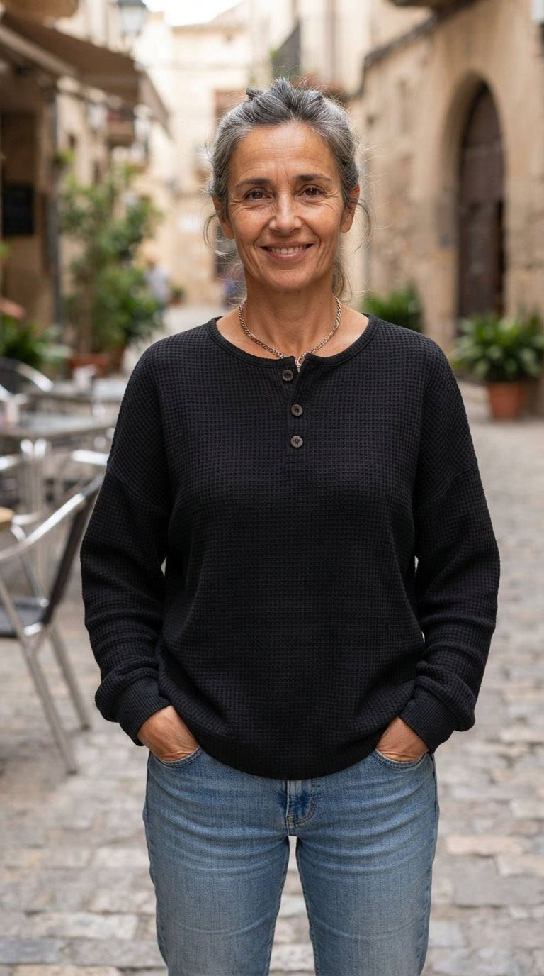 Sara | Sudadera Henley Gofrada - Negro