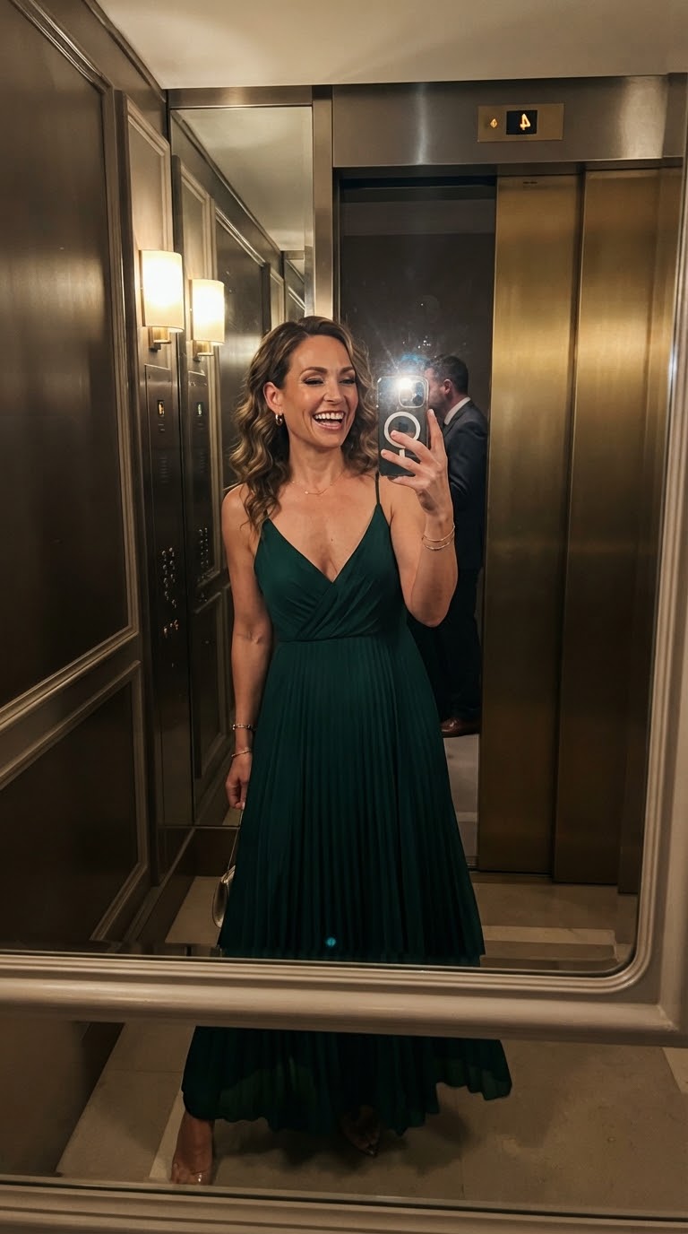 Clienta con el vestido Victoria verde en una boda