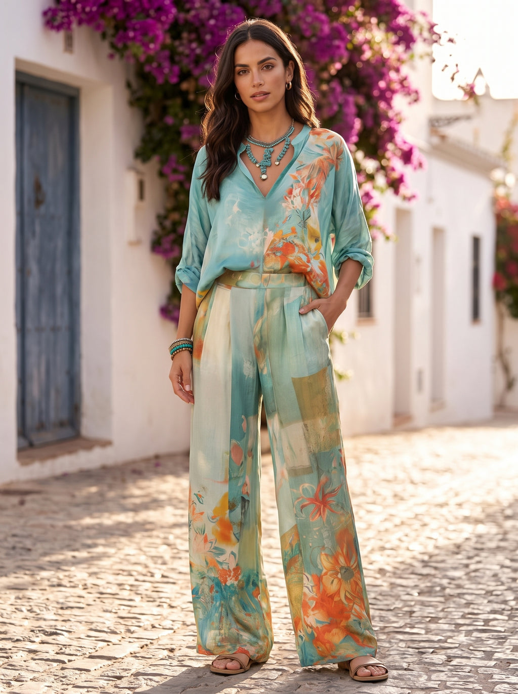 Chiara conjunto estampado floral y pantalón ancho - Azul