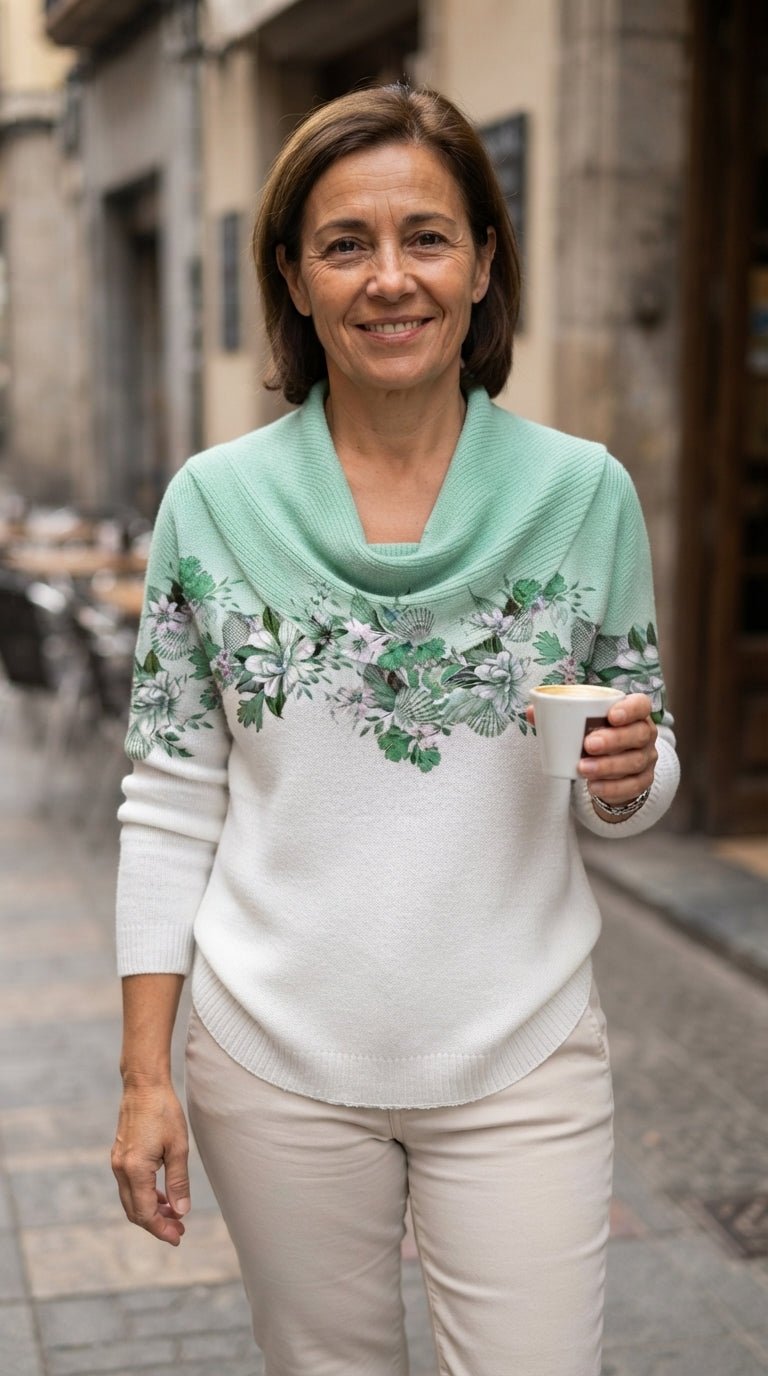 Clara | Jersey Floral de Algodón con Cuello Drapeado - Cendalia