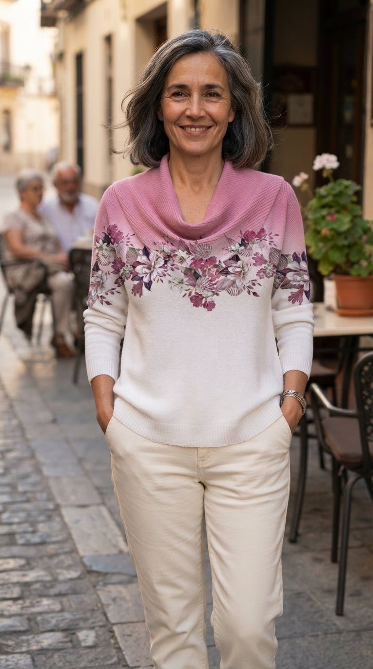 Clara | Jersey Floral de Algodón con Cuello Drapeado - Cendalia