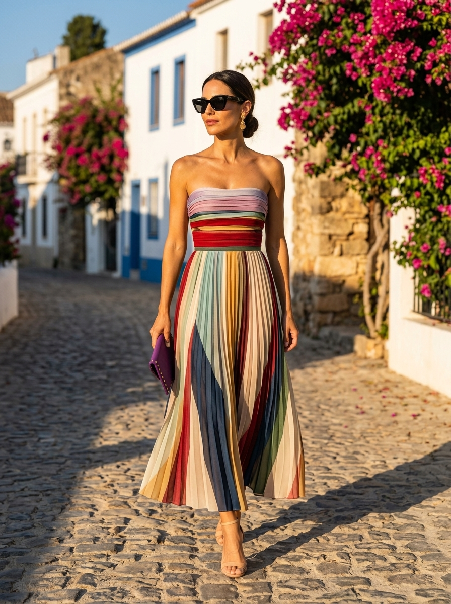 Evelyn, vestido largo elegante de rayas multicolor