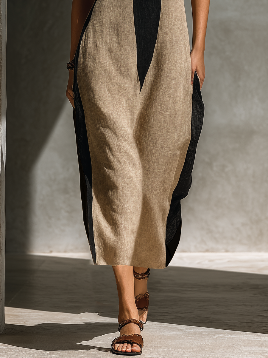 Vestido Midi de Algodón Negro y Beige con Escote Halter y Diseño de Bloques de Color