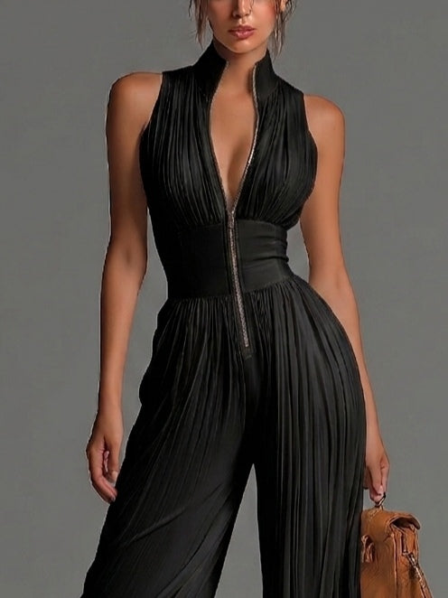 Mono sin mangas de cuello en V negro con cremallera y plisado de piernas anchas en chiffon