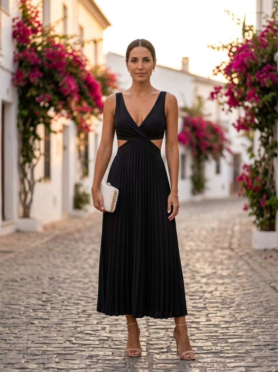 Helen, vestido largo plisado negro