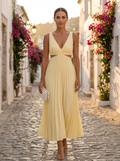 Helen, vestido largo plisado amarillo, vista frontal
