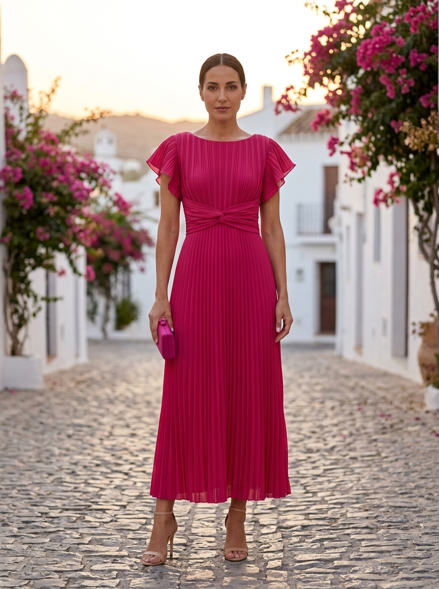 Seraphina, vestido maxi plisado fucsia, de pie