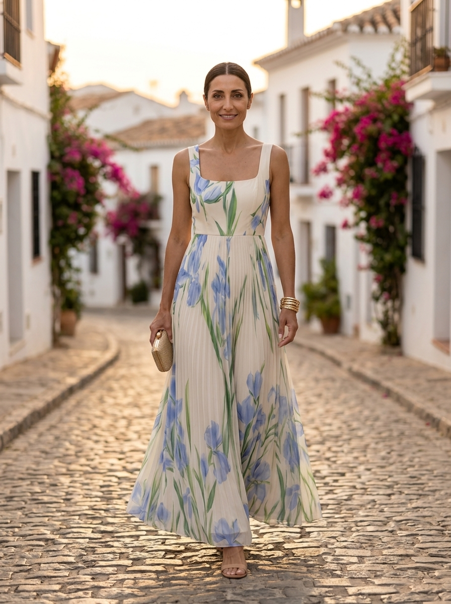 Oriah, vestido maxi floral blanco y azul