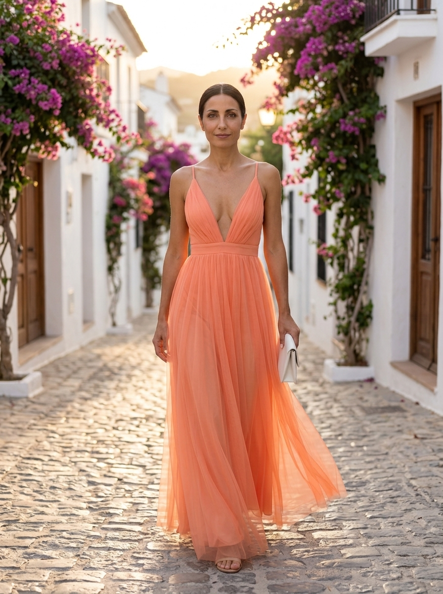Ginevra, vestido maxi de tul coral con escote en V