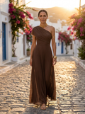 Toledo, vestido largo de tul marrón chocolate de un hombro