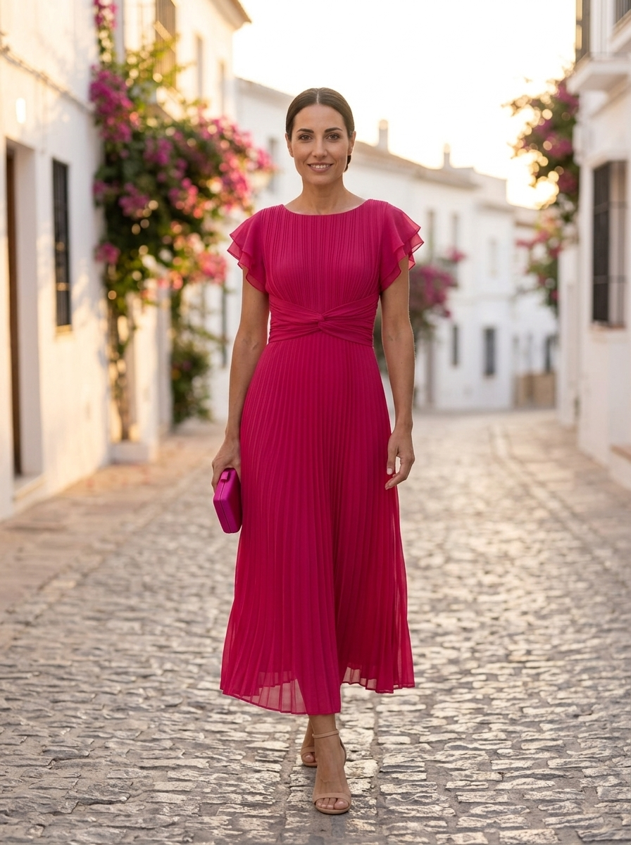 Seraphina, vestido maxi plisado fucsia, vista frontal