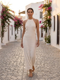 Angela, vestido largo halter texturizado marfil