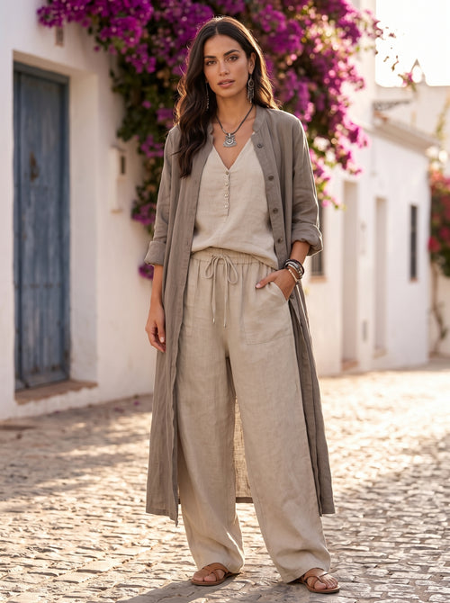 Letizia conjunto tres piezas cárdigan largo boho - Arena