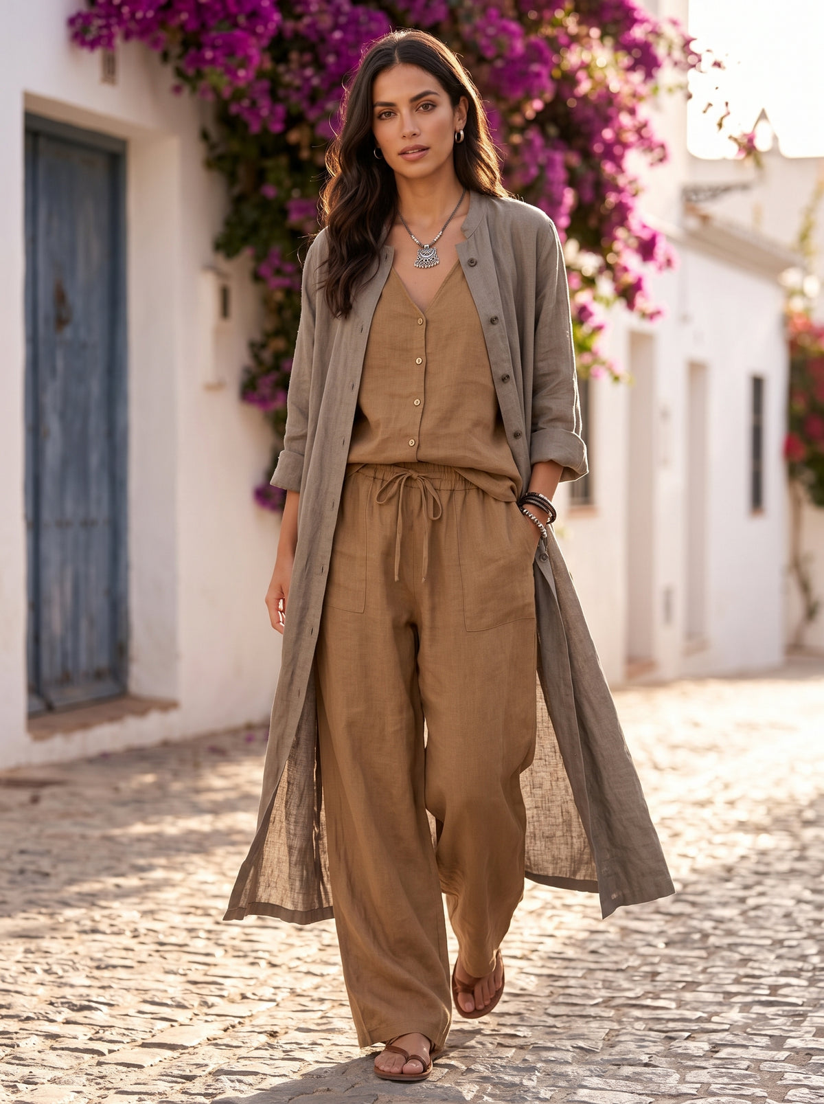 Letizia conjunto tres piezas cárdigan largo boho - Marrón
