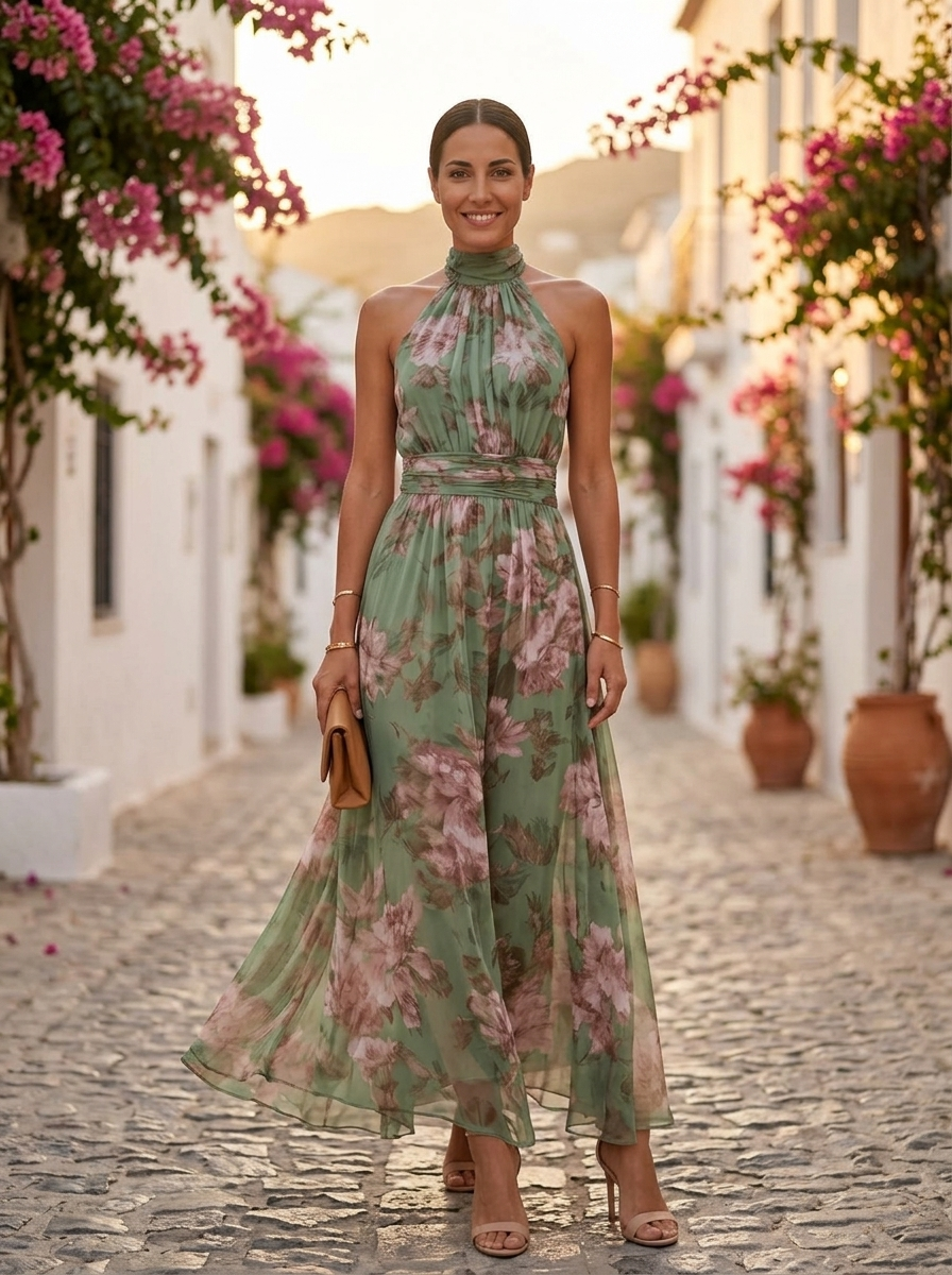 Lidia, vestido maxi halter floral, vista frontal