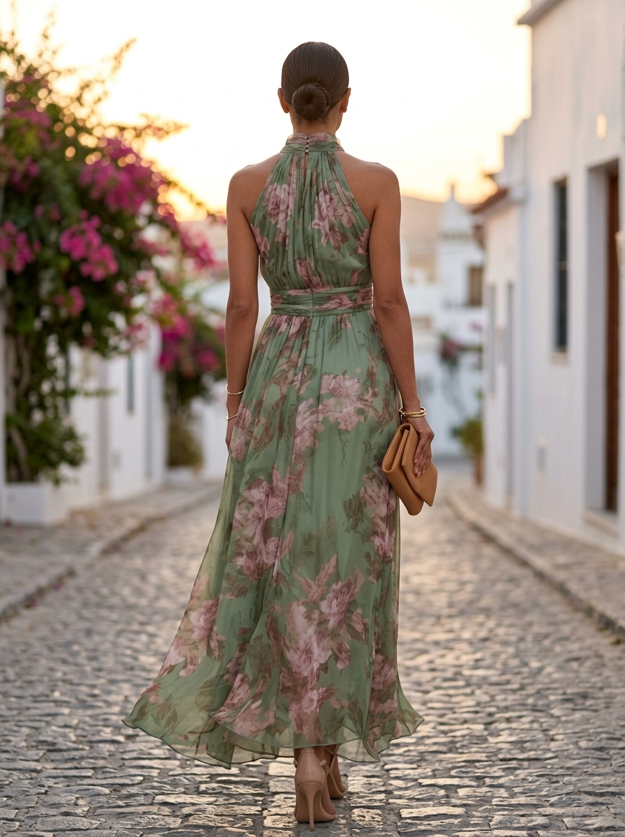 Lidia, vestido maxi halter floral, espalda