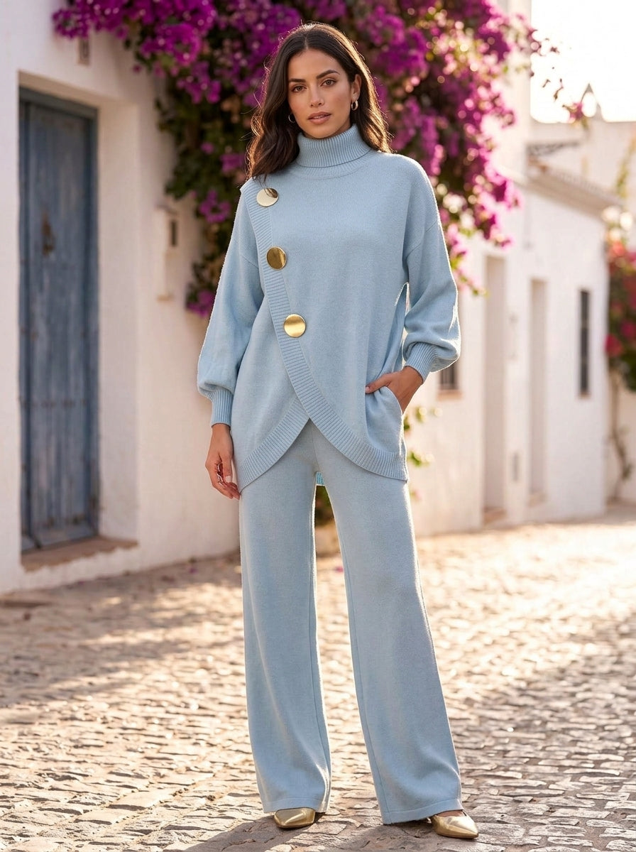 Matilde conjunto de punto jersey cruzado botones dorados - Azul
