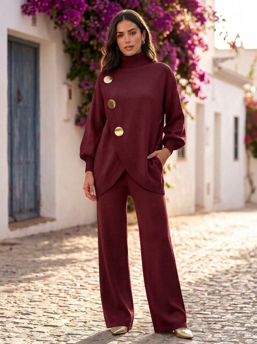 Matilde conjunto de punto jersey cruzado botones dorados - Burdeos